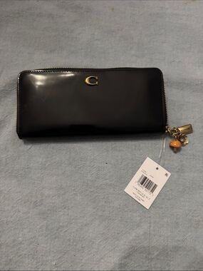 Coach Black Slim Accordion Patent Zip Wallet with Gold Brass Charms